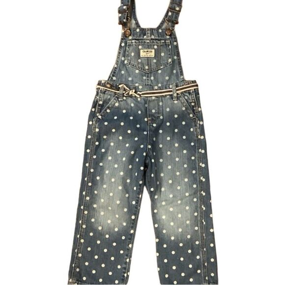 Oshkosh Polka Dot Overalls 3T Blue Denim Bibbed White Circles Tie Belt Vestbak - Picture 3 of 15